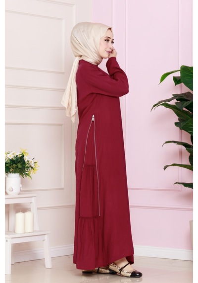 Sevitli Yanı Fermuar Detaylı Tesettür Elbise-bordo-4692 Bordo