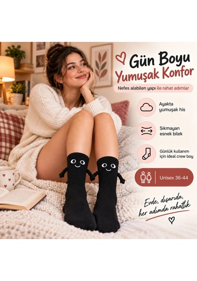 Womanandkids Wak Mıknatıslı El Ele 2'li Unisex Tutuşan Sevimli Çorap 36-44 Çift Hediyesi, Pamuklu Renkli Crew M Siyah