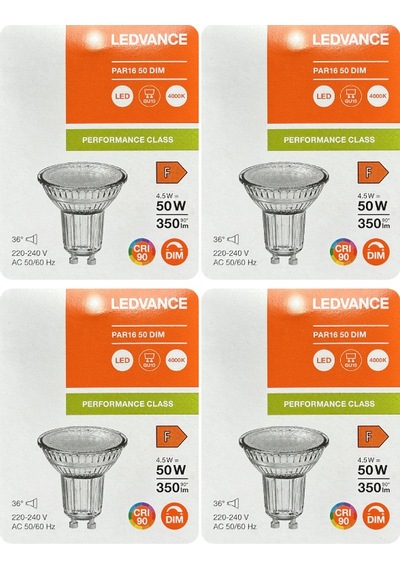4 Adet Ledvance 4,5w Ilık Beyaz 4000k Dim Edilebilir Gu10 Duylu Cam Spot Ampul