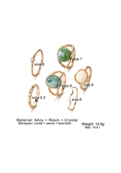 Oasis Gold Altın Renkli Mavi Yeşil Krem Doğal Taşlı Vintage Bohem 6 Parça 6'lı Yüzük Seti Kırmızı-Siyah