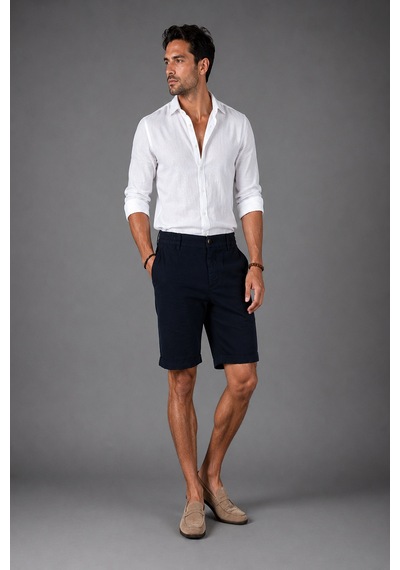 Bisse Indigo Pamuk Keten Lastikli Doğal Bermuda Şort Sh25y25001 D66 İndigo