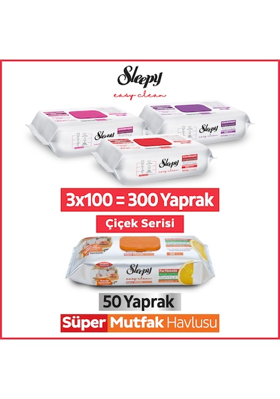 Sleepy Easy Clean Çiçek Serisi&Portakal Yağlı Süper Mutfak Yüzey Temizlik Havlusu&Mendili(3x100+50)