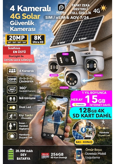 20mp 4 Kamera 360 Görüş 4g Güneş Enerjili Sim Kartlı Güvenlik Kamerası - Kişi Takibi - 128gb Sd Kart 84134504
