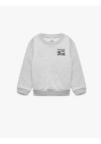 Koton Köpek Baskılı Şardonlu Bisiklet Yaka Uzun Kollu Oversize Sweatshirt Gri Melanj 7wmb10121tk