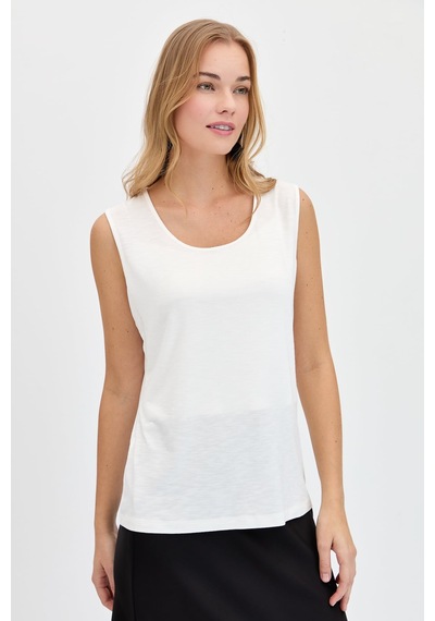 Kadın Sıfır Yaka Flamlı Kumaş Basic Askılı Tshirt Ekru Ekru