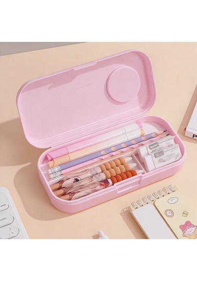 Sevimli Kawaii Figürlü Kalem Kutusu Çok Bölmeli Çift Katlı Büyük Kapasiteli Kalem Kutusu Sticker'lı Kalem Kutusu Sticker Yapıştırılabilir Kalemlik Sticker Kalemlik Pembe