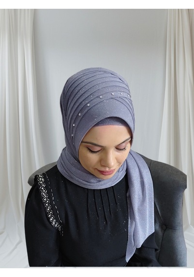 Simli Koyu Gri Nuray Model Hazır Duvak Hazır Şal Hazır Türban