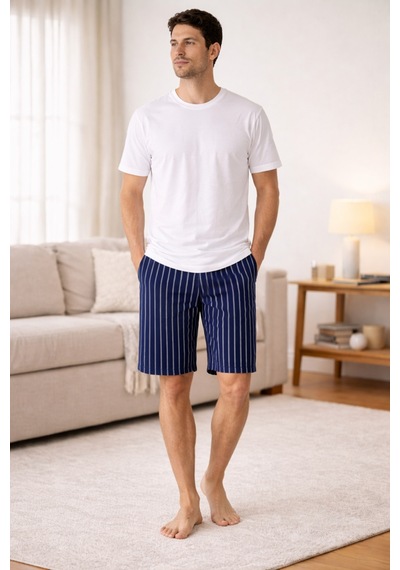 Jiber %50 Modal %50 Pamuk Bisiklet Yaka Erkek Kısa Kollu Şortlu Pijama Takım 15321 Beyaz