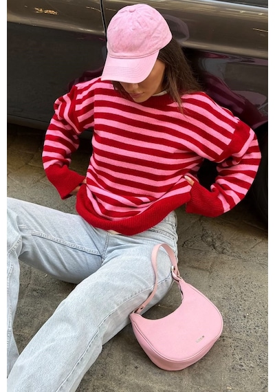 Madmext Kırmızı Çizgili Bisiklet Yaka Oversize Kadın Kazak Mg2894