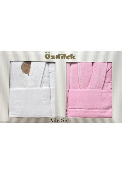 Özdilek Vega Aile Bornoz Seti Beyaz-pembe Renkli