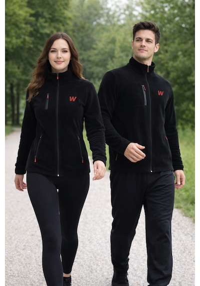 Walke Premium Kadın Tam Cepli Fermuarlı Outdoor Spor Polar Ceket Siyah