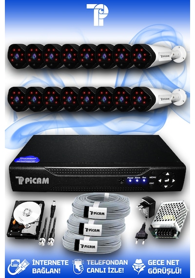 Picam 16 Kameralı Uzay 16 Dış Kamera Set 2 TB HDD Full HD Gece Görüşlü Güvenlik Kamerası Sistemi