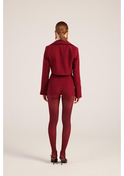 Holly Lolly Yakası Saten Detaylı Camila Crop Blazer Ceket Bordo