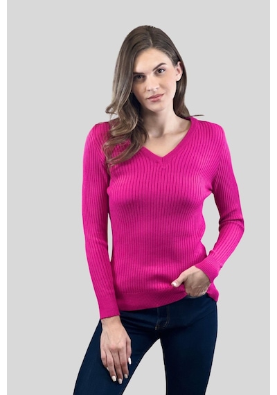 Miss Poem Kadın V Yaka Slim Fit Fitilli Uzun Kışlık Ekru Triko Kazak Fuşya