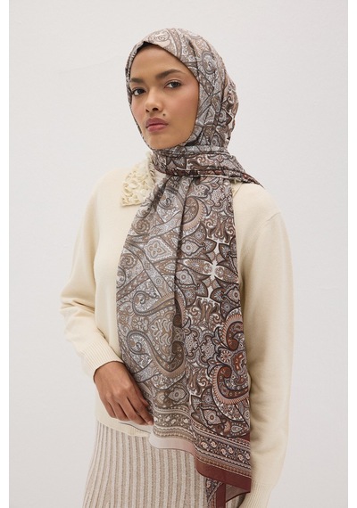 Mirsoy Scarf Eftelya Pamuk Etnik Desen Şal Kahverengi