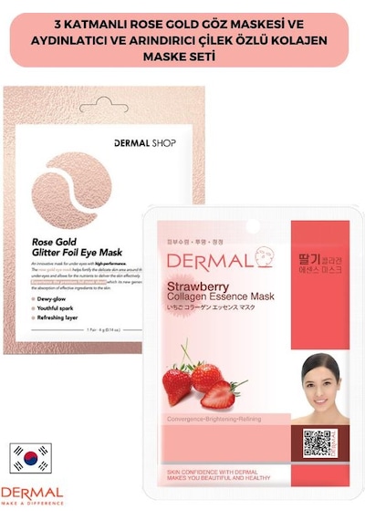 Dermal 3 Katmanlı Rose Gold Göz Maskesi ve Aydınlatıcı ve Arındırıcı Çilek Özlü Kolajen Maske Seti