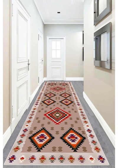 Pelangi Kilim Desenli Etnik Dijital Baskı Yıkanabilir Kaymaz Taban Modern Salon Halı Ve Yolluk, Bej 60 X 200, 9554118 Çok Renkli