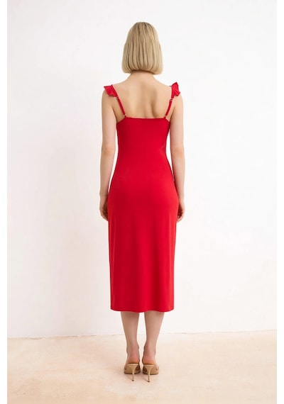 Benerly Kadın Maxi Bodycon V Yaka Kolsuz Volanlı Askılı Astarlı Esnek Örm Kırmızı