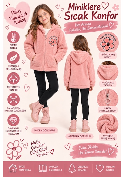Ahengim Kız Çocuk Kapüşonlu Peluş Hırka Fermuarlı Çiçek Nakışlı Cepli Yumuşak Dokulu Kışlık Ceket Ak4125 Pembe Ahengim Kız Çocuk Kapüşonlu Peluş Hırka Fermuarlı Çiçek Nakışlı Cepli Yumuşak Dokulu Kışlık Ceket Ak4125 Pembe