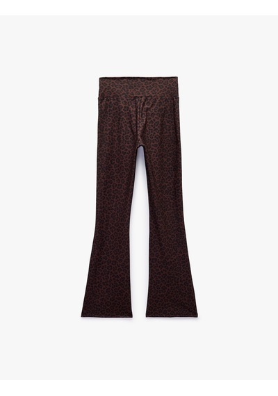Koton İspanyol Paça Spor Tayt Leopar Desenli Slim Fit Yumuşak Tuşe Yüksek Bel Kahverengi Desenli 7wak40023nk