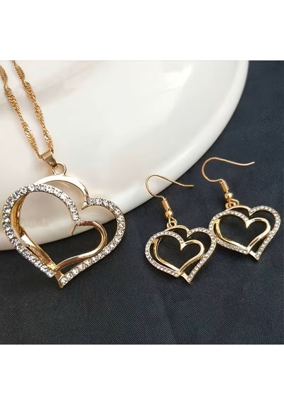 Moda My Love 2li Kalp Bileklik, Kolye, Küpe Set, Sevgililer Günü Altın