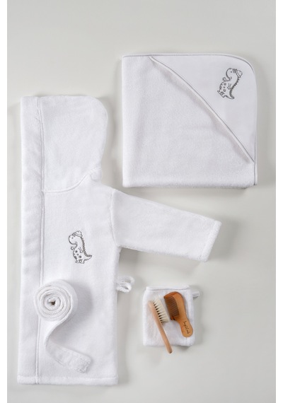 Bebek Banyo Seti Premium - Dino Pure Dream Bornoz - Kundak Havlu - Banyo Kesesi - Fırça - Tarak Seti Diğer