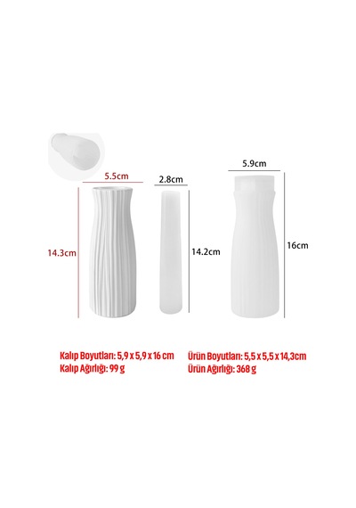 Uzun Çizgili Dekoratif Vazo Yapım Kalıbı Beton, Alçı Ve Reçine Dökümüne Uygun, İç Boşluk Aparatlı, Tekrar Kullanılabilir Hobi Kalıbı