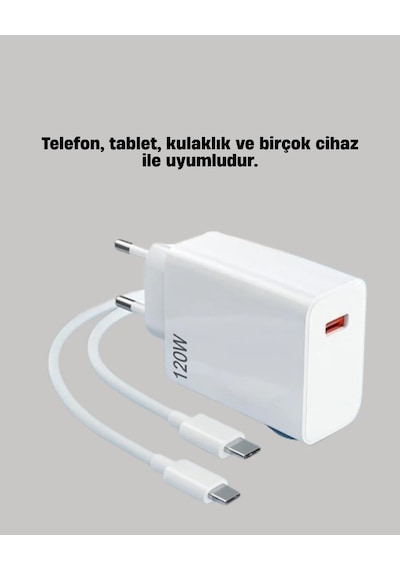 120w Güçlü Hızlı Şarj Adaptörü Ve Type-c Kablo Seti Güvenli Şarj Teknolojisi Beyaz