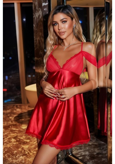 Genel Markalar Omuz Detaylı Dantelli Saten Gecelik Kırmızı - 869114932 Kırmızı