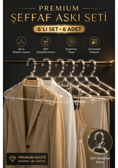 Kristal Elbise Askısı 6 Lı Set Şeffaf Kaydırmaz Çok Amaçlı Askı Şeffaf
