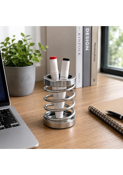 Metal Spiral Kalemlik, Paslanmaz Çelik Yay Tasarımlı Masaüstü Kalemlik, Gümüş Ofis Kalem Tutucu, Modern Masa Düzenleyici Organizer, 12 Cm Beyaz - Çok Renkli