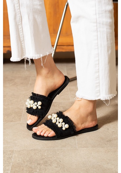 Dabab Shoes Mınoa Kadın İnci Detaylı Hasır Dokulu Düz Siyah Terlik