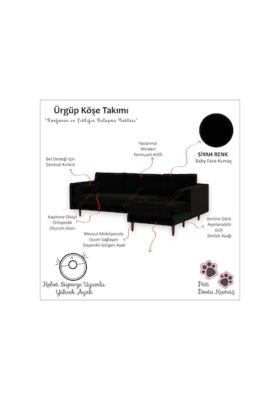 Ürgüp Modern Köşe Koltuk Takımı - Siyah - Sağ Köşe - Baby Face Yumuşak Kumaş Siyah