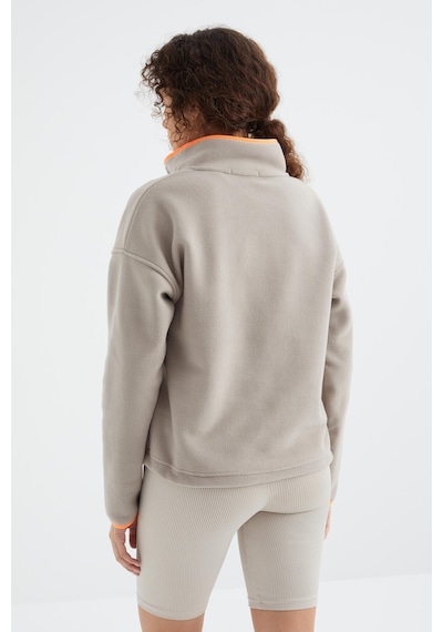 Tommy Life Koyu Bej Yarım Fermuar Etek Ucu Büzgülü Dik Yaka Oversize Kadın Polar Sweatshirt - 97234 Koyu Bej