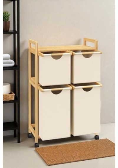 Bambu 4 Bölmeli Kirli Sepetli Çamaşır Sepeti Raflı Banyo Düzenleyici Db-0018 Çok Renkli