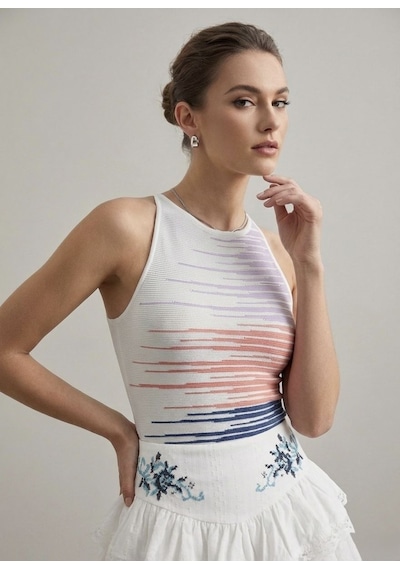 Neden Tekstil Kadın Renkli Çizgi Detaylı Askılı Triko Bluz - Lila-somon-saks