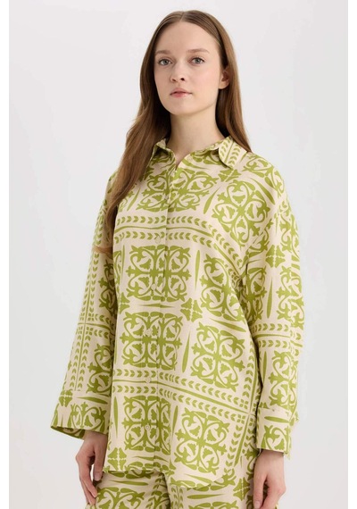 DeFacto Relax Fit Desenliı Keten Karışımlı Uzun Kollu Tesettür Gömlek Tunik D8184AX25SPGN698