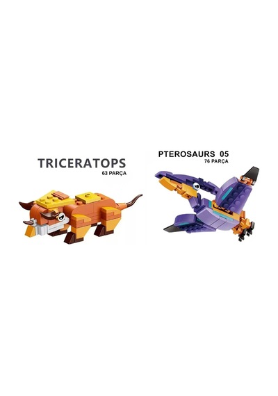 2'li Dinozor Yapım Seti - Triceratops Ve Pterodactyl Figürlü Eğitici Blok Oyuncak 139 Parça