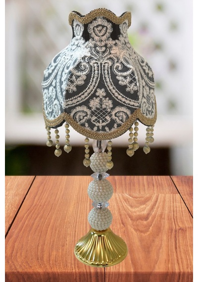 Koyu Füme Fransız Dantel Beyaz İşlemeli Kadife Başlık Gold İnci Ayaklı Klasik Model Abajur 50x25cm