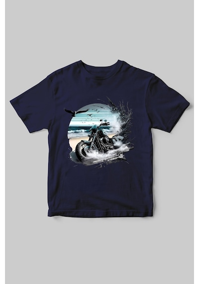 Motorcu Temalı Chopper Motorsiklet Ve Deniz Baskılı Regular Fit %100 Pamuk Bisiklet Yaka T-shirt Lacivert