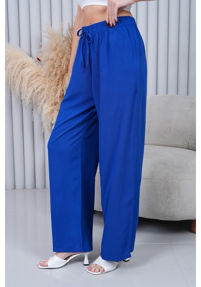 Polologin Butik Beli Bağcıklı Yüksek Bel Bol Paça Koyu Mavi Pantolon Lacivert