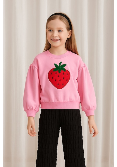 Kız Çocuk Bisiklet Yaka Uzun Kollu Pembe Çilek Desenli Rahat Kalıp Sweatshirt - Kız Çocuk Sweatshirt Pembe