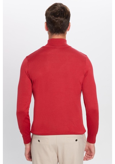 Tudors Erkek Slim Fit Dar Kesim Tam Boğazlı Yaka Düz Yün Kırmızı Triko Kazak-25695 Kırmızı