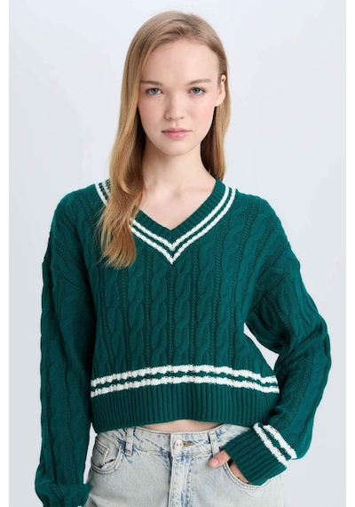 DeFacto 	Coool Regular Fit V Yaka Saç Örgülü Çizgili Triko Kazak C7321AX24WNGN953