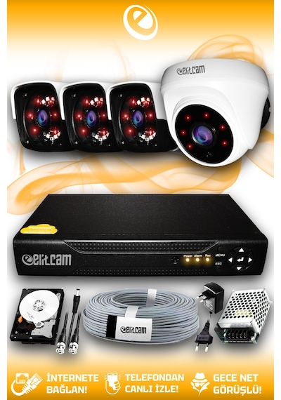 Elitcam 4 Kameralı Panda 1 İç Kamera Set 100 GB HDD Full HD Gece Görüşlü Güvenlik Kamerası Sistemi