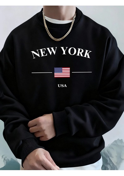 Startmore Tarzsokak New York Abd Bayrağı Baskılı Erkek Polar Kapüşonlular Spor Günlük Hoody Bisiklet Yaka Cepli S Siyah