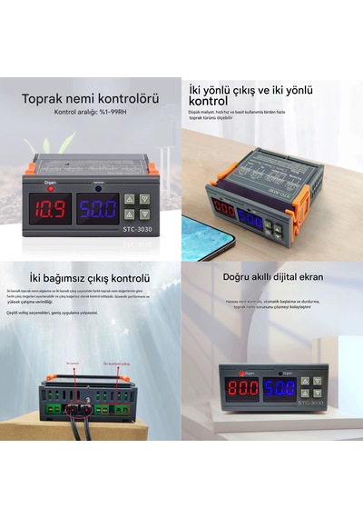Yate10 Stc-3030 220v 10a Çift Problu Toprak Nem Kontrol Cihazı 0-100 Rh