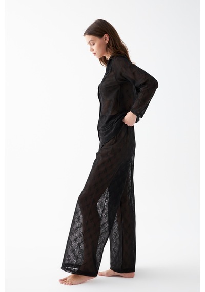 Akbeniz Kadın Siyah Şeffaf Jakar Düğmeli Pijama Takımı