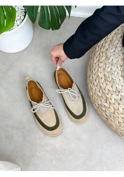 Erva'nın Butiği Bej Hakiki Deri Santa Bağcık Detay Kadın Sneakers-6390
