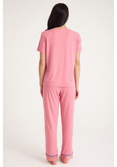Amarelle Dream Mavi/pembe V Yaka Dantel Detaylı 4 Parça Pijama Takım Set Mavi/pembe